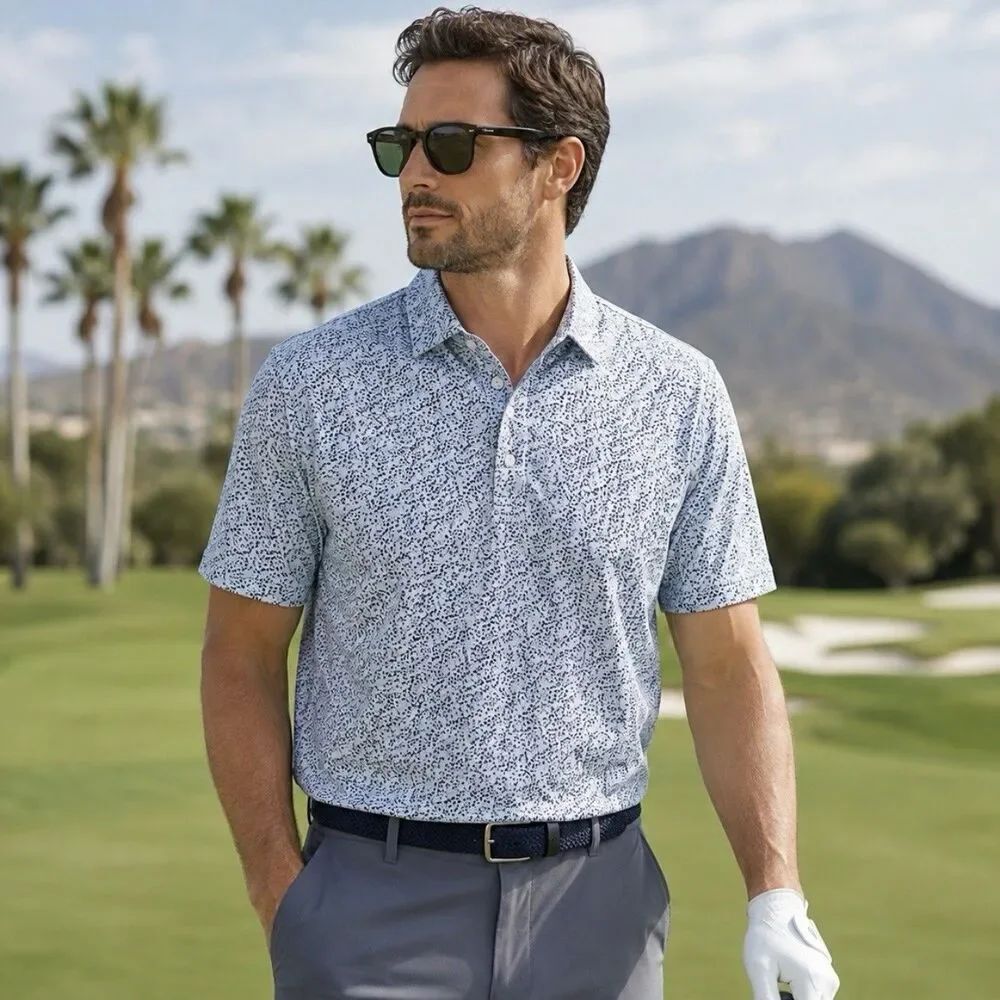 FootJoy Confetti Print Golf Polo Shirt Blue White Stretch Performance Men’s L